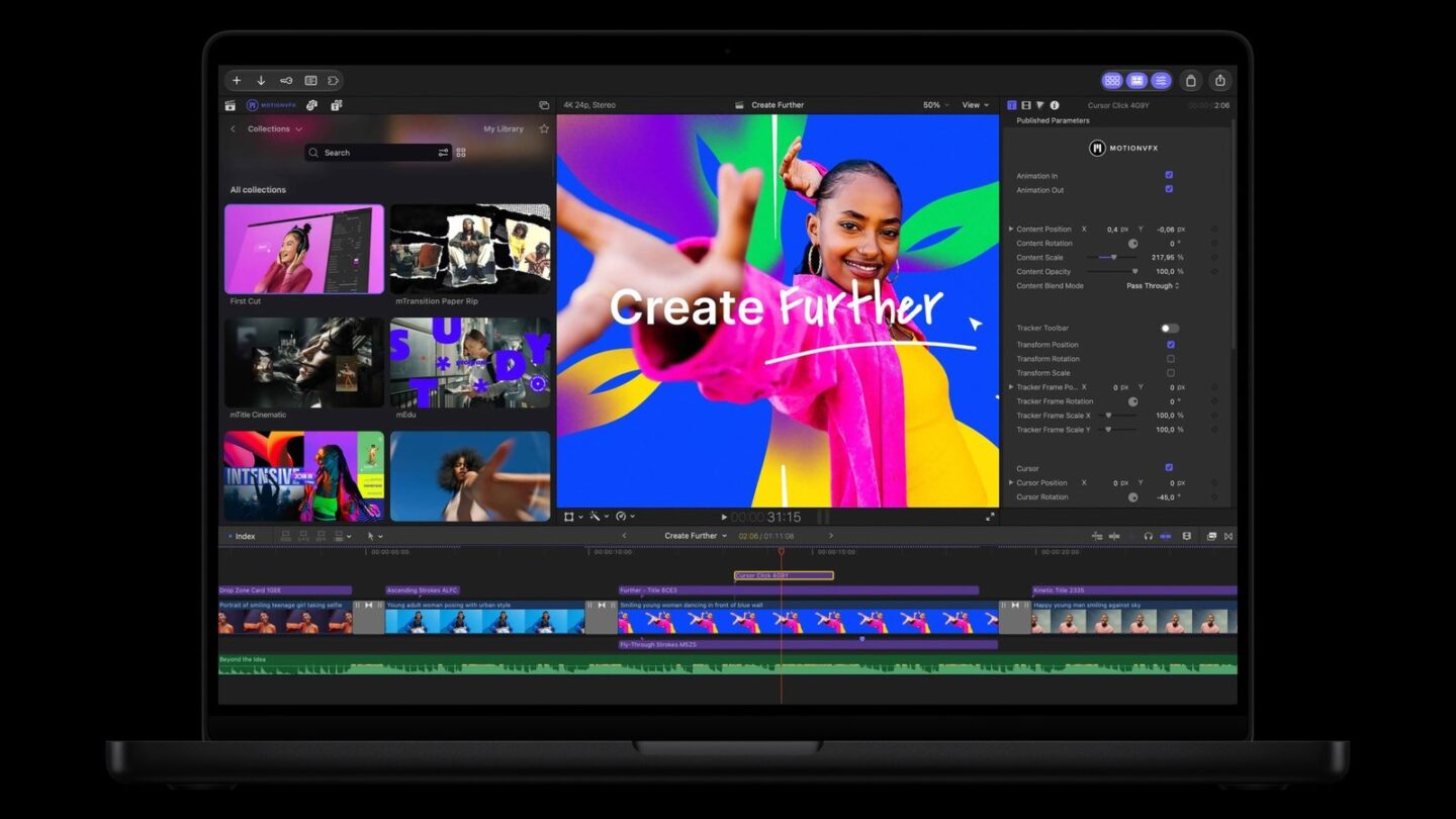MacBook Pro showing Final Cut Pro with the built-in MotionVFX effects library