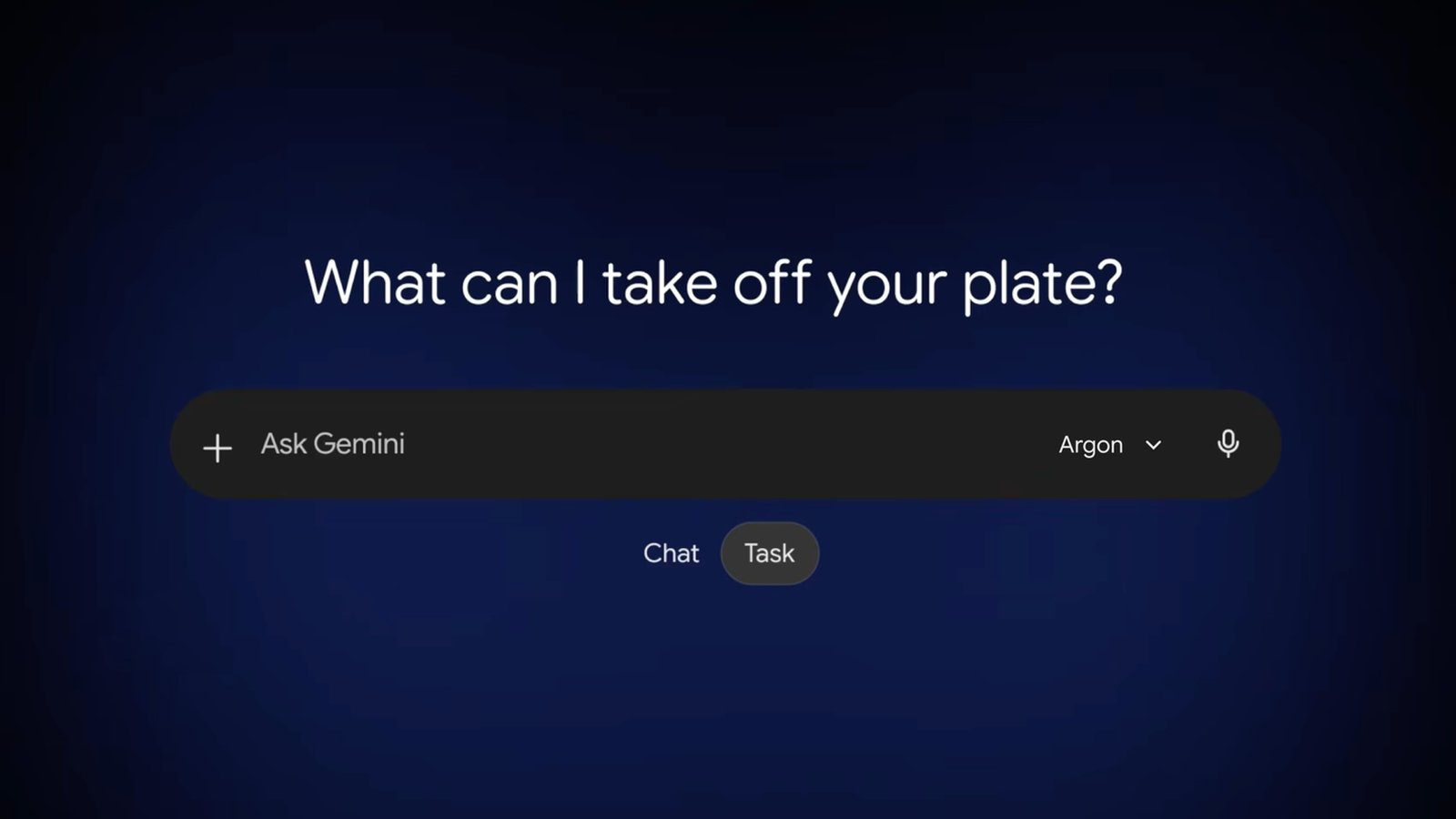 Gemini app showing Argon model selected with Chat and Task toggle