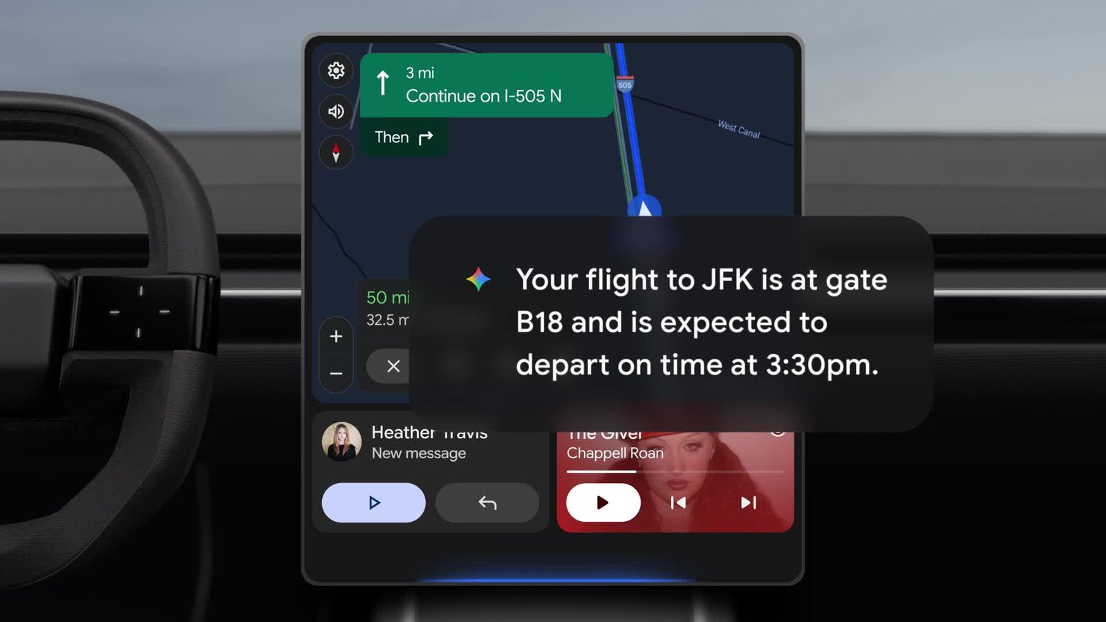 Android Auto screen with Gemini answering that the driver's flight to JFK is at gate B18 and departs on time at 3:30pm