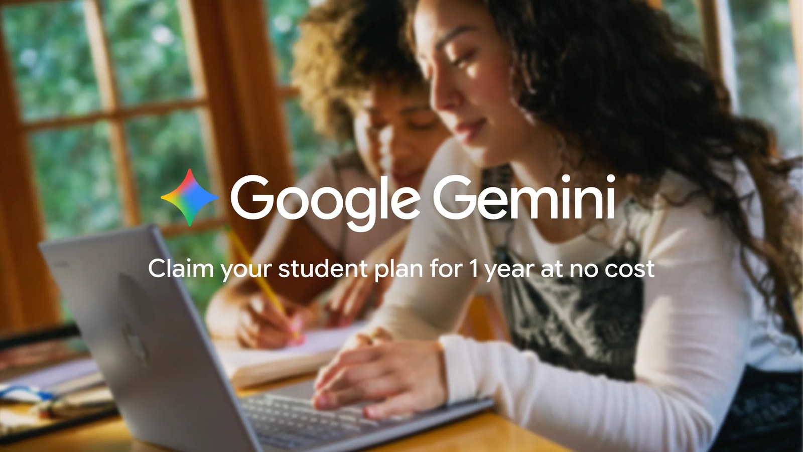 Google promotional image for the Gemini student plan offer showing students working at a laptop