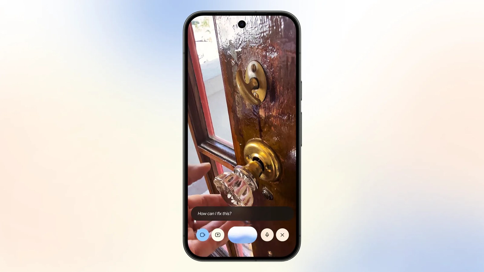 Google image of a phone running Gemini Live with the camera pointed at a door handle and the prompt How can I fix this