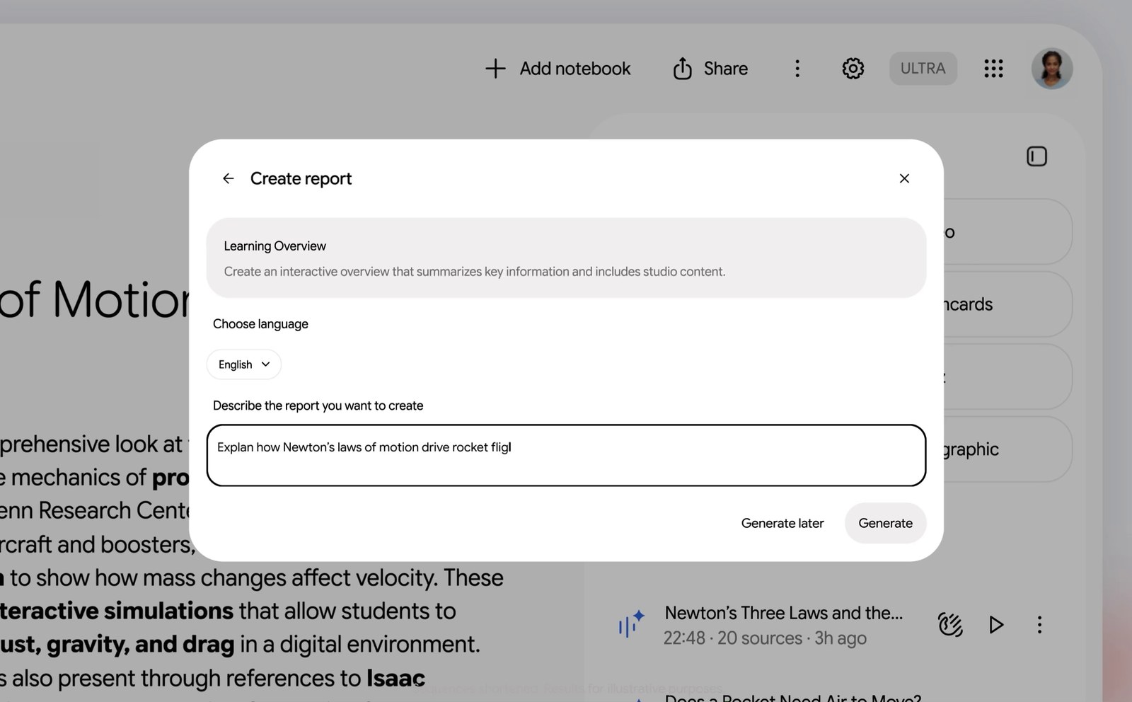 Gemini Notebook Create report dialog with the Learning Overview template, language picker and a prompt about Newton's laws