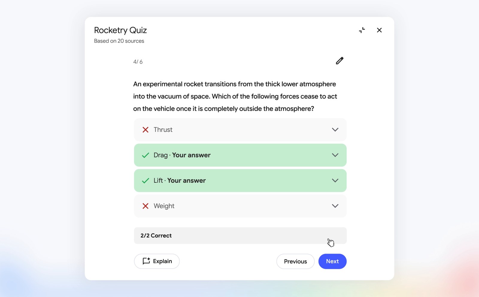 Gemini Notebook multi-select quiz question about rocket forces with two correct answers marked