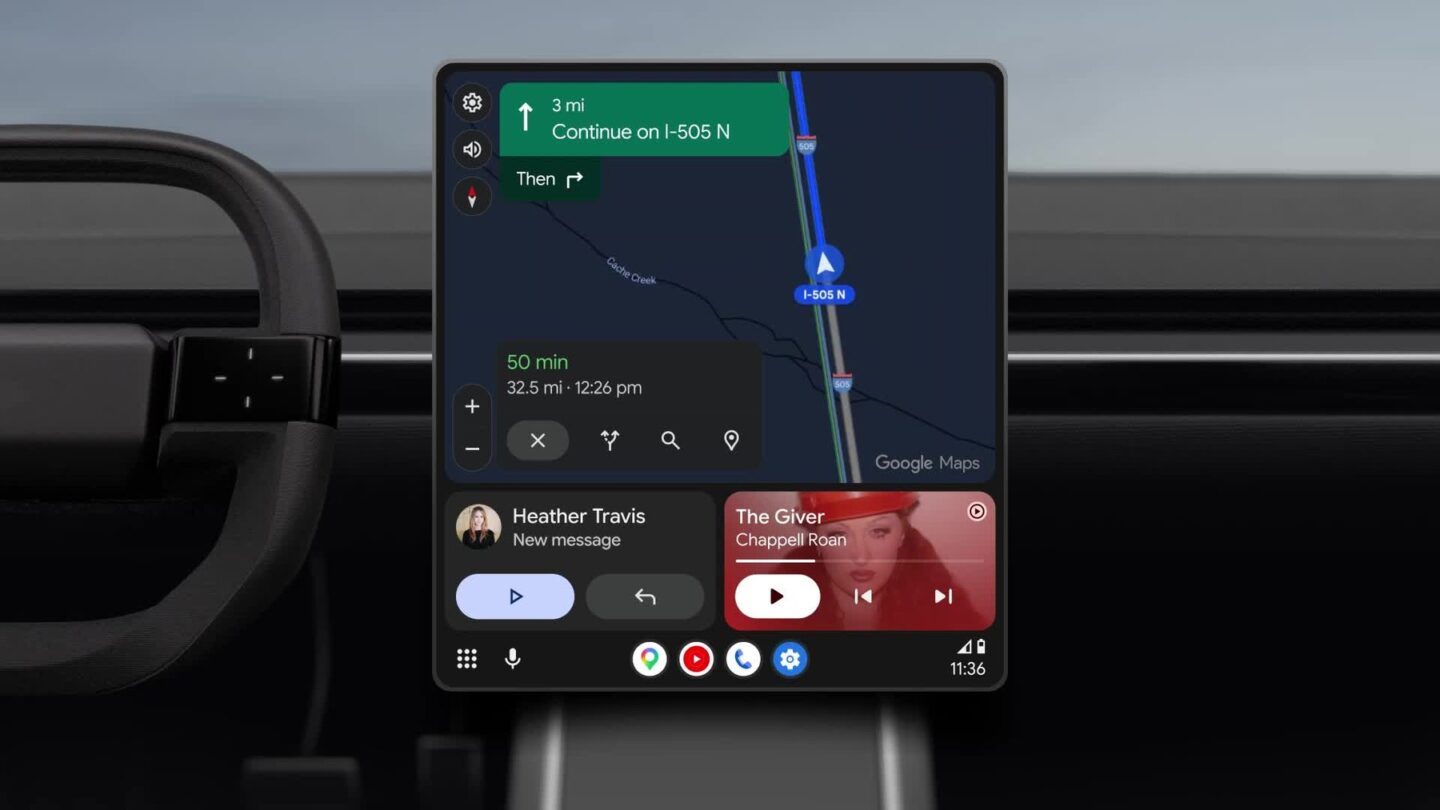 Android Auto dashboard on a car screen showing Google Maps navigation, a message card and music controls