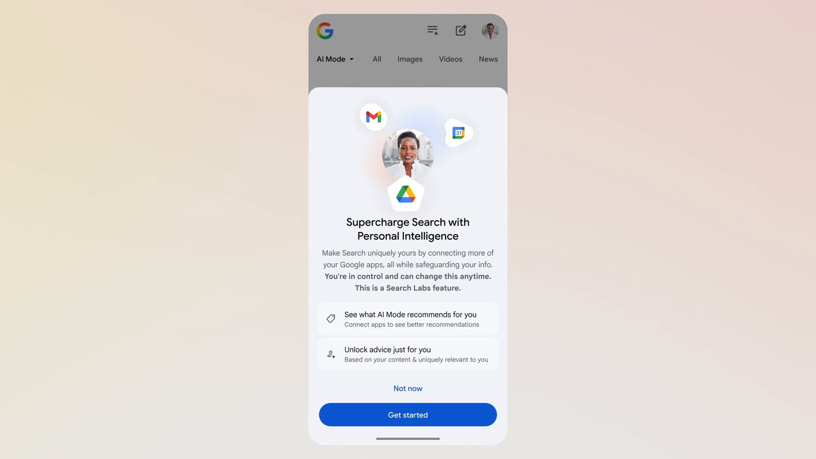 Google Search screen inviting users to supercharge Search with Personal Intelligence by connecting their Google apps