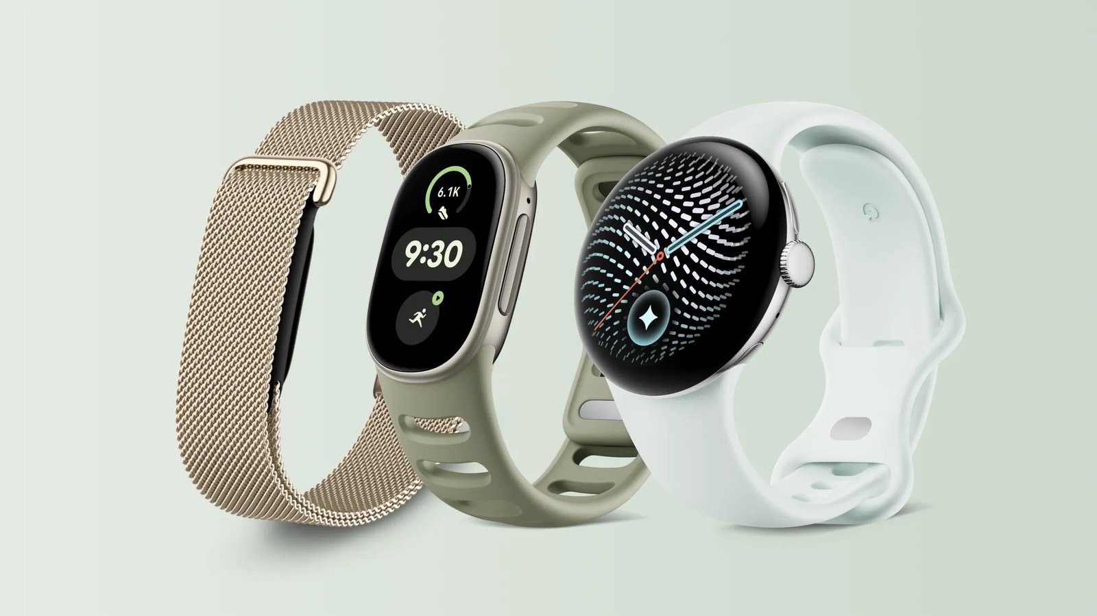 Fitbit Air with a metal mesh band, Fitbit Edge and Pixel Watch shown side by side