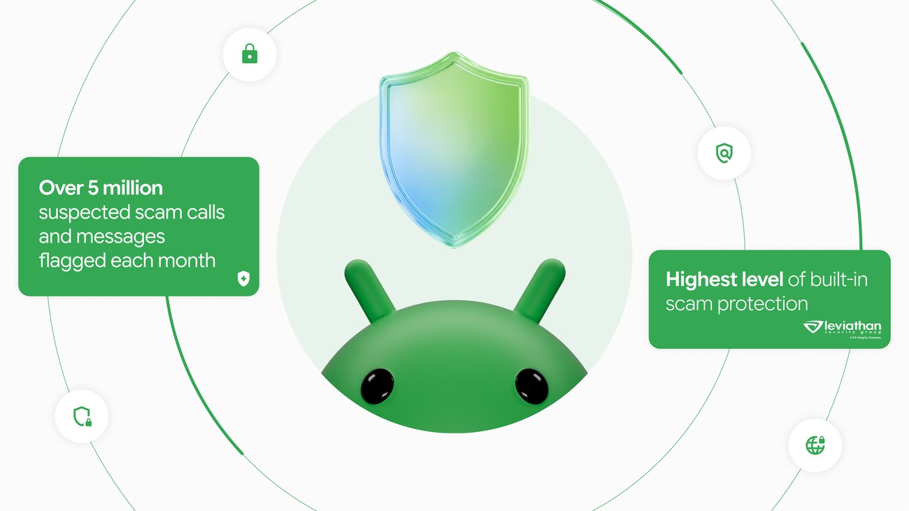 Google graphic showing Android scam protection reach and monthly scam flags