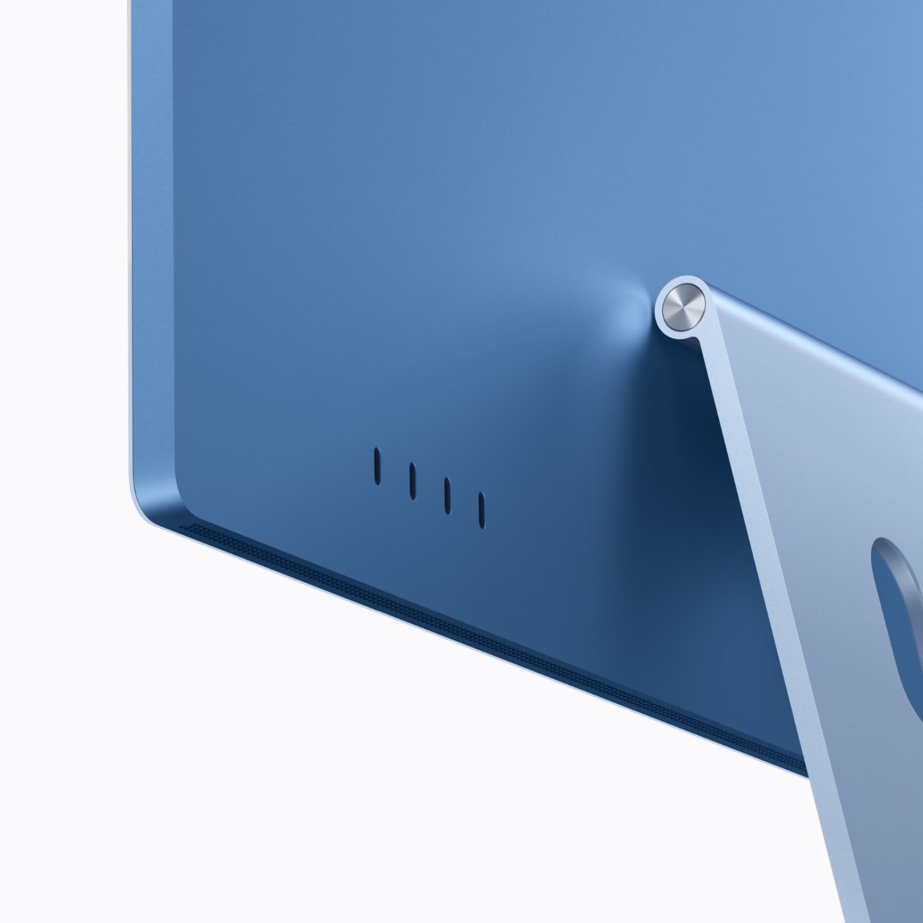 Back of a blue iMac with M6 showing its USB-C ports and stand