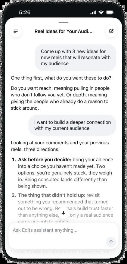 Edits assistant chat suggesting new reel ideas based on a creator's comments and previous reels