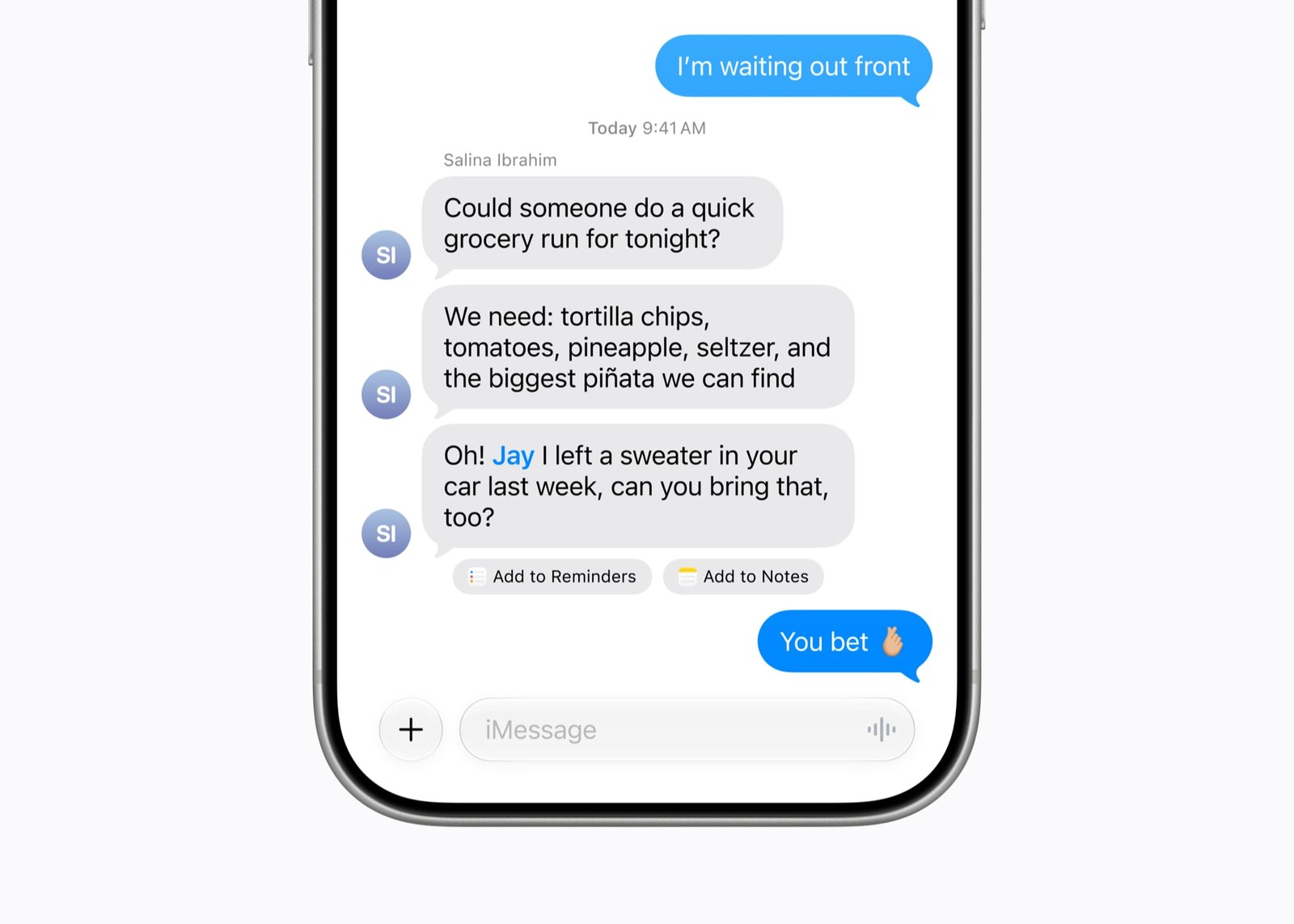 iPhone Messages conversation with one-tap suggestions to add a reminder or a note