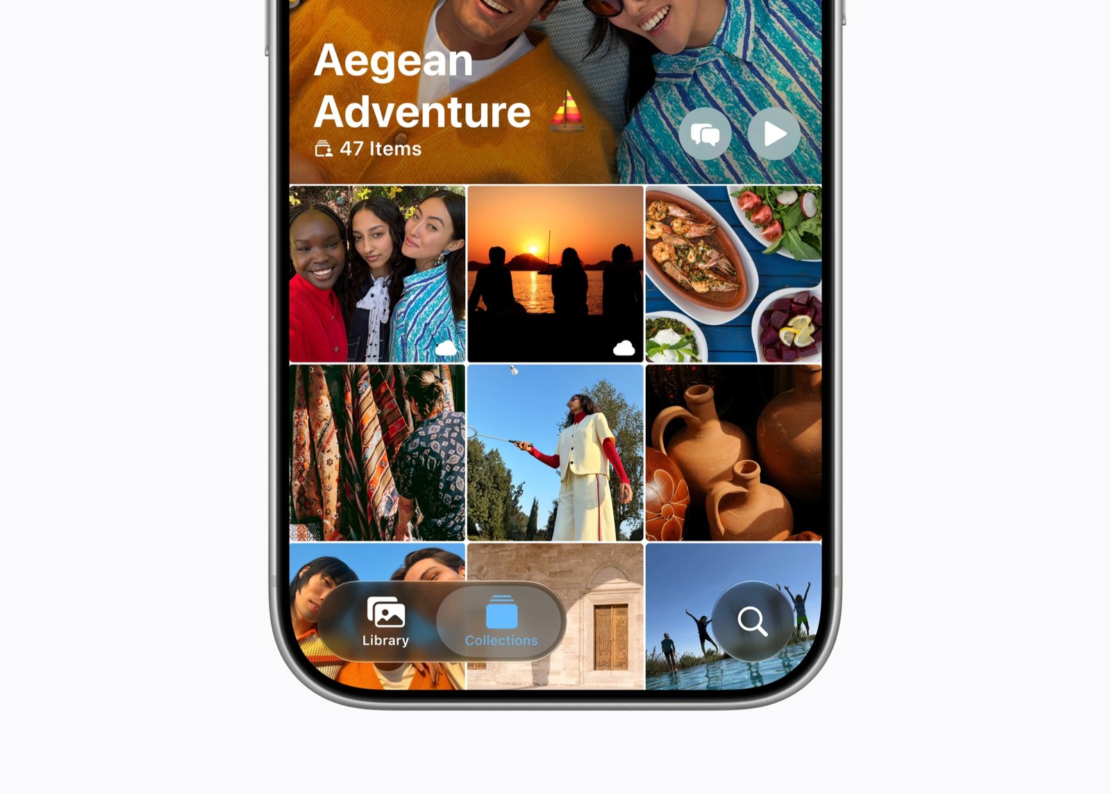 iPhone showing an iCloud Shared Album of travel photos in the Photos app