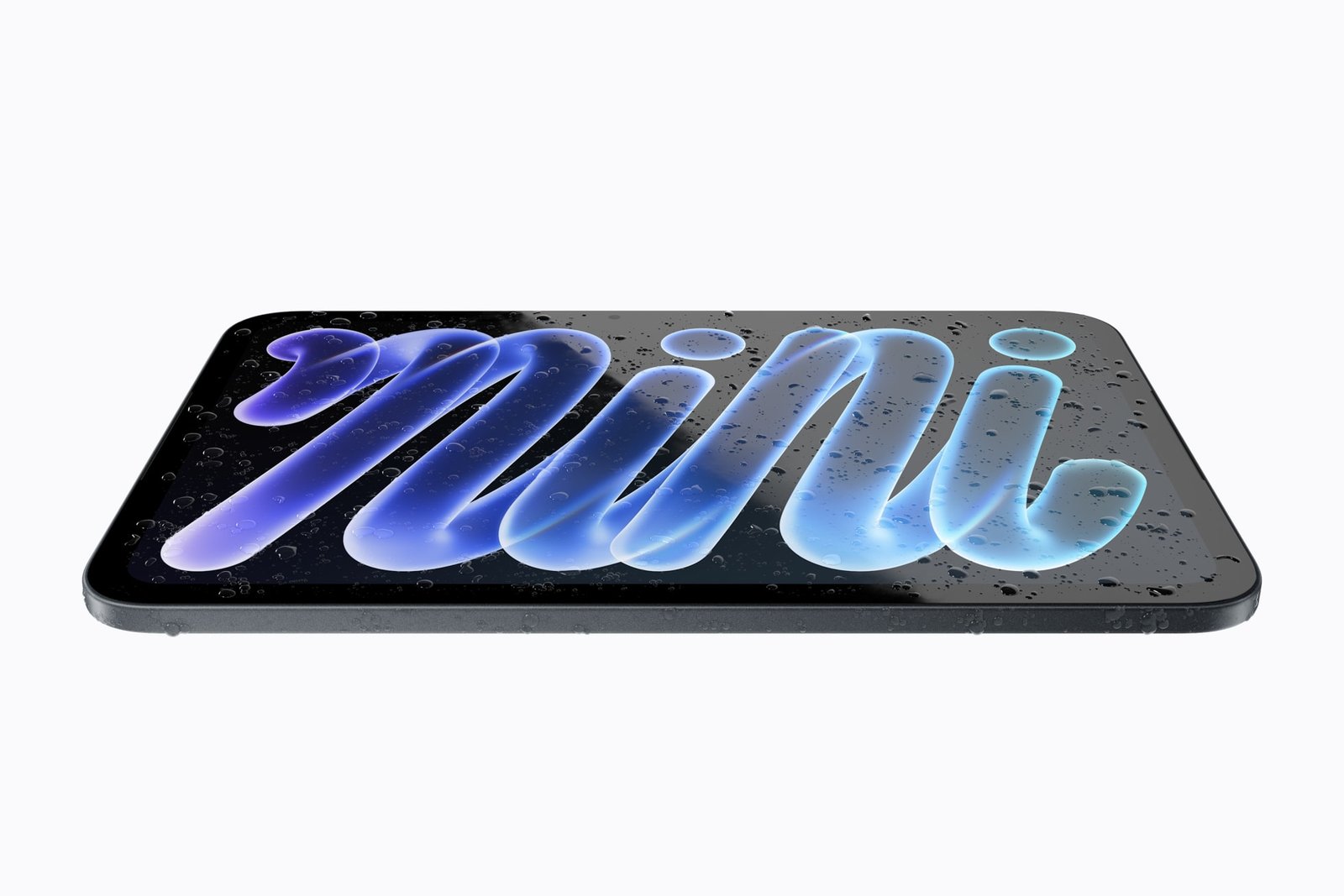 iPad mini lying flat and covered in water droplets to show its IP67 rating
