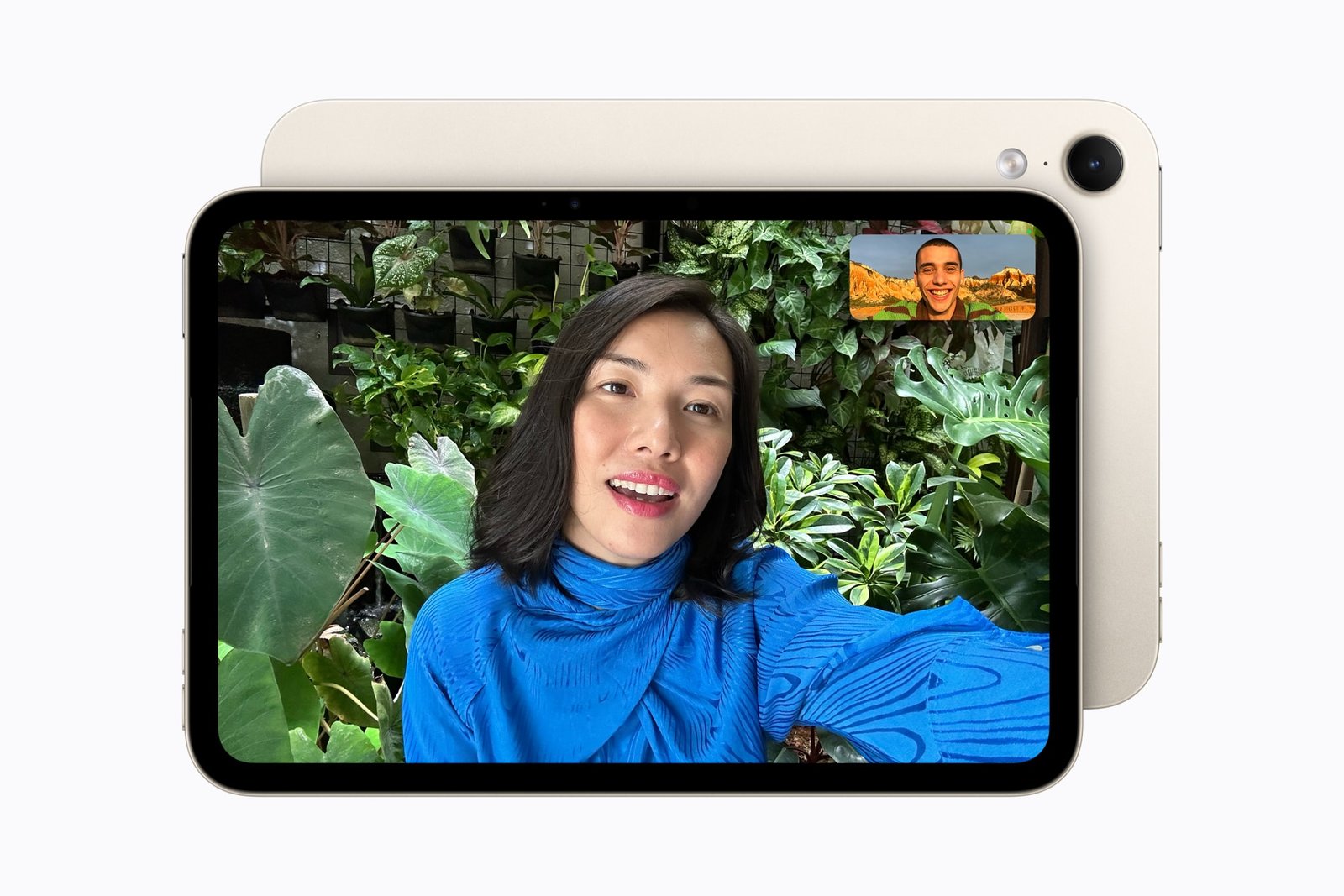 iPad mini in starlight held in landscape on a FaceTime call, with the front camera on the long edge