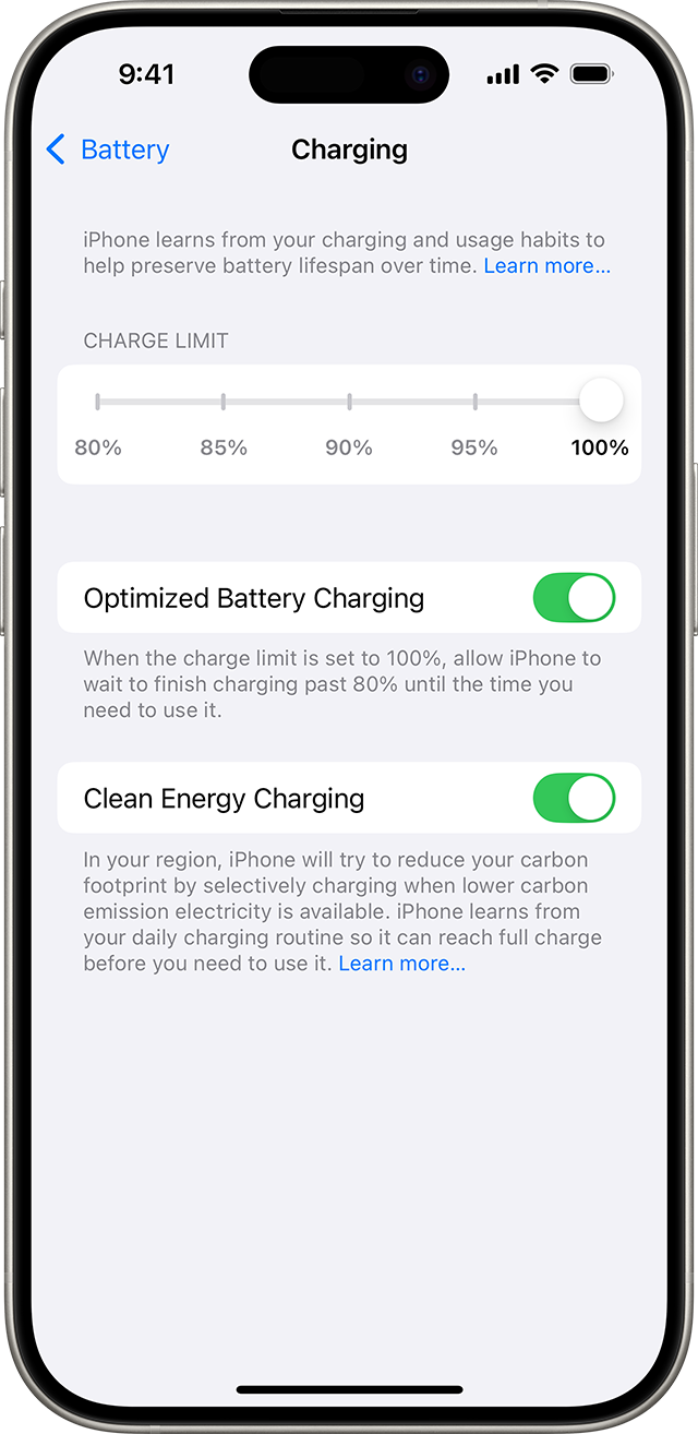 Fast charging battery health: iPhone Charging settings with charge limit options