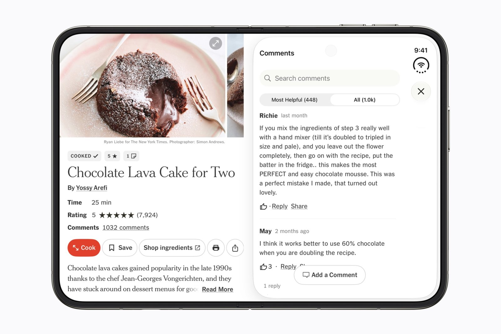 iPhone Duo open showing a chocolate lava cake recipe in the NYT Cooking app