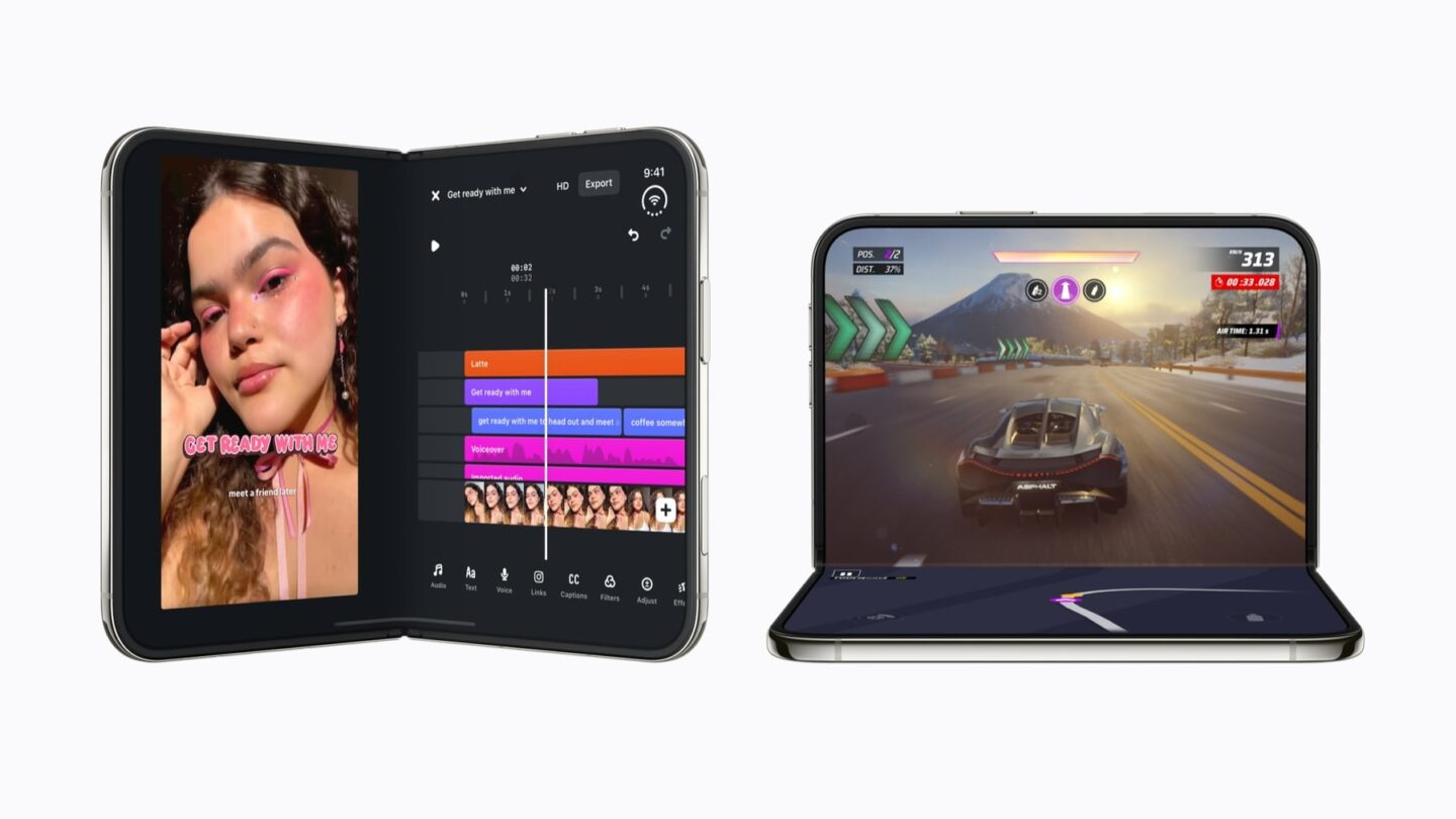 Two iPhone Duo phones side by side, one partially folded running Instagram Edits and one open playing Asphalt Legends