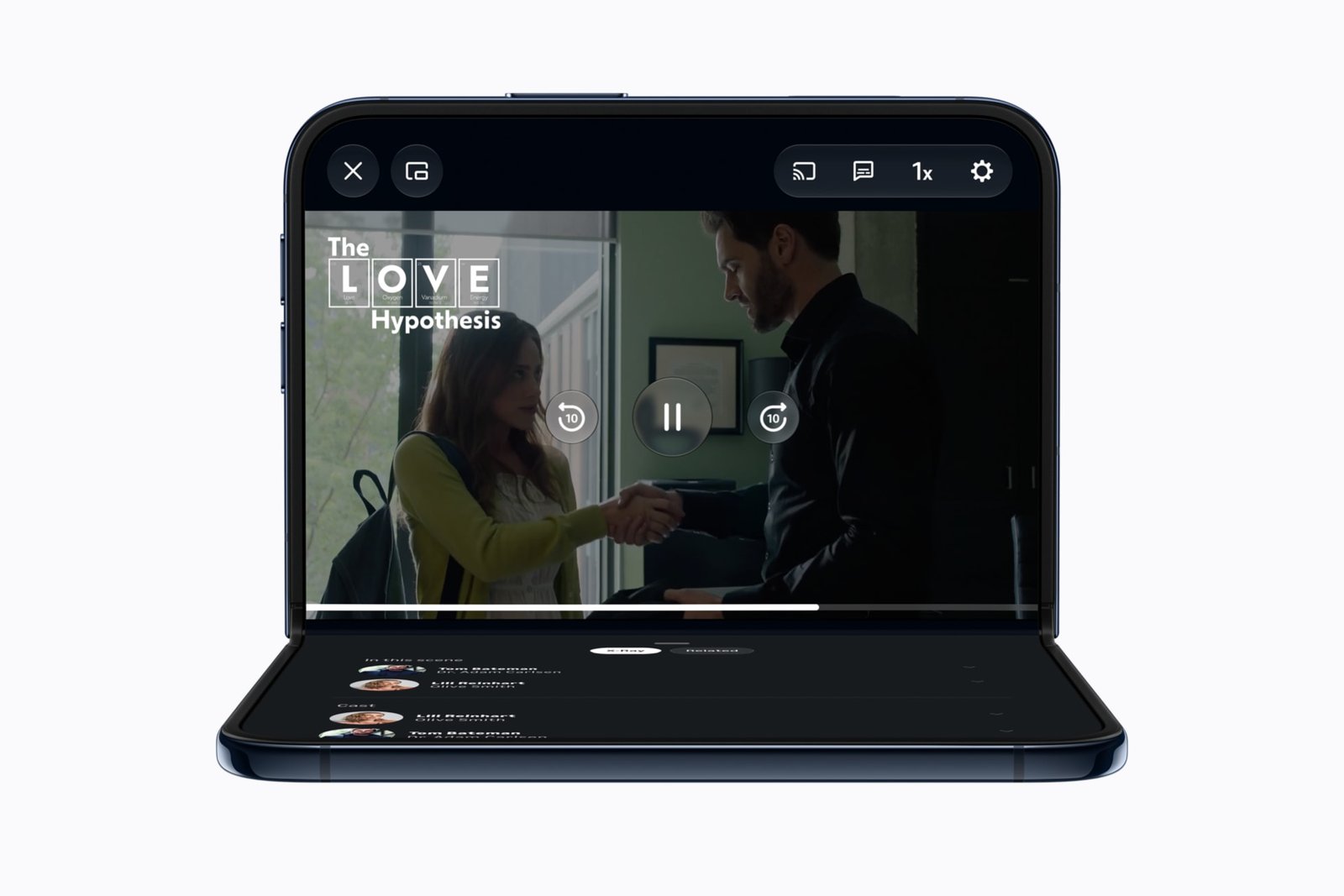 iPhone Duo partially folded showing Prime Video playing The Love Hypothesis on the top half with X-Ray cast details on the bottom half