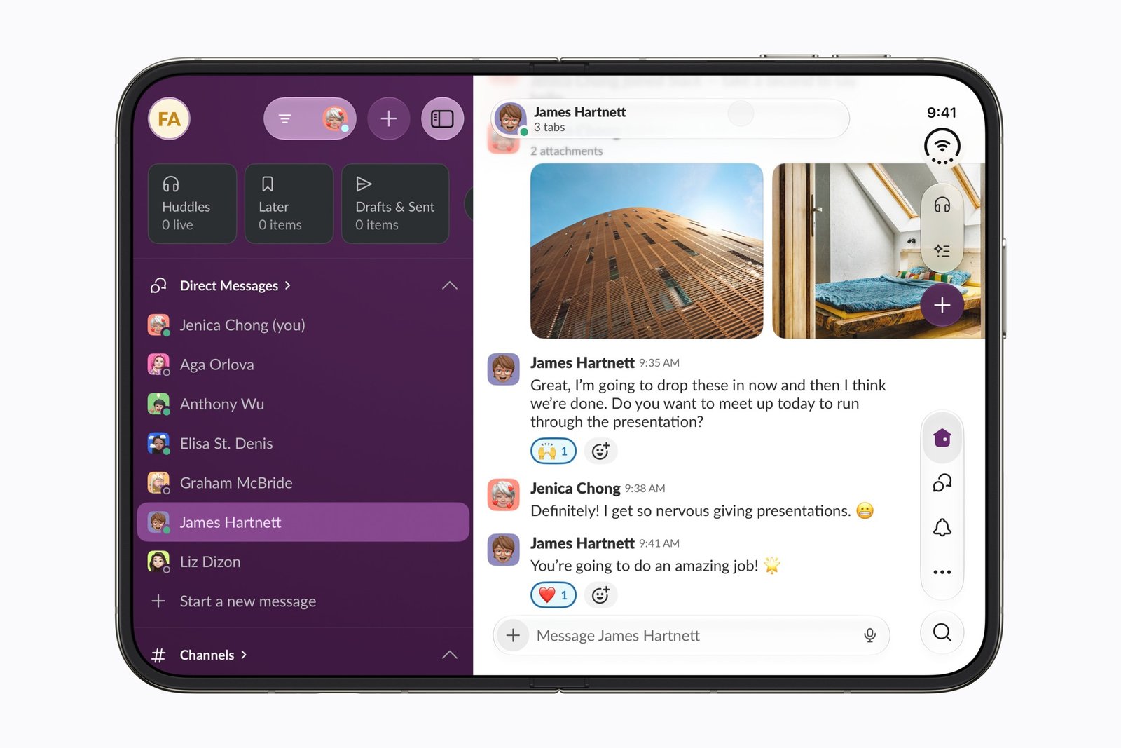 iPhone Duo fully open showing the Slack app with channels and a conversation on the inner display
