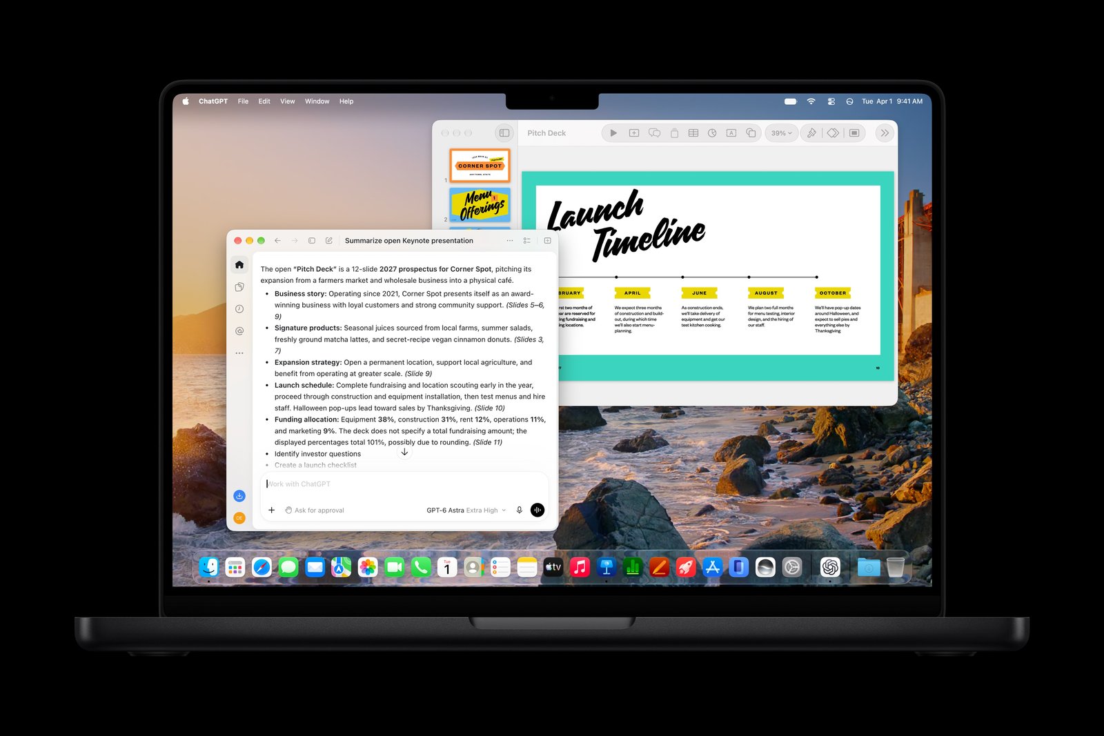 MacBook Pro showing a Keynote pitch deck with an AI-generated summary from the assistant