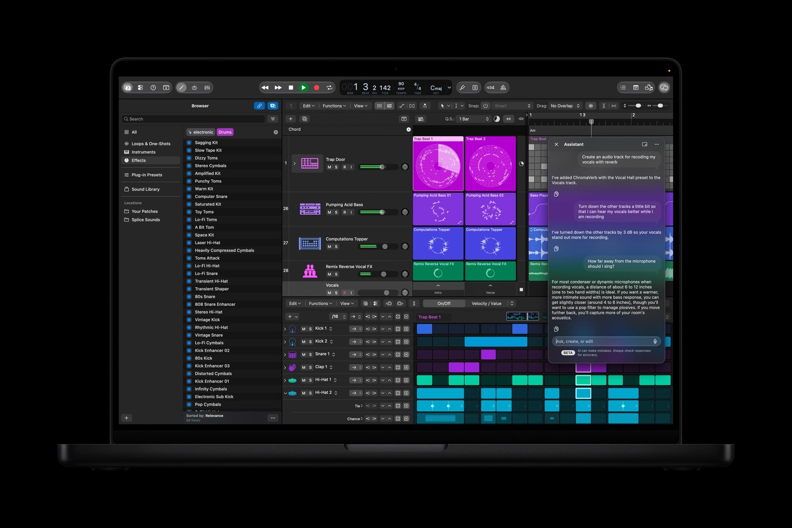 MacBook Pro showing Logic Pro with the new intelligent assistant panel open