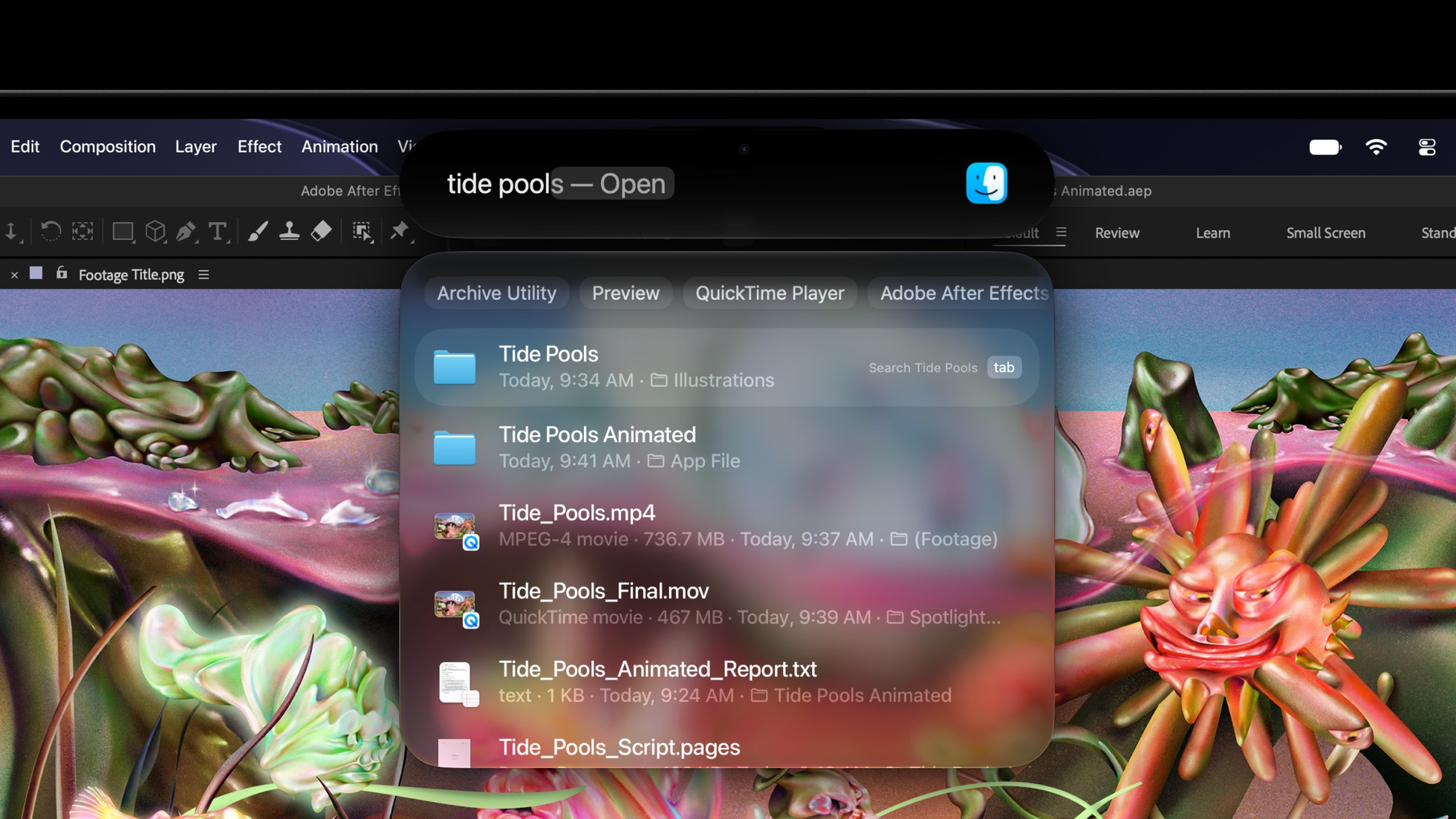 Spotlight search open in the Dynamic Island on the MacBook Pro with PROLED XDR Display
