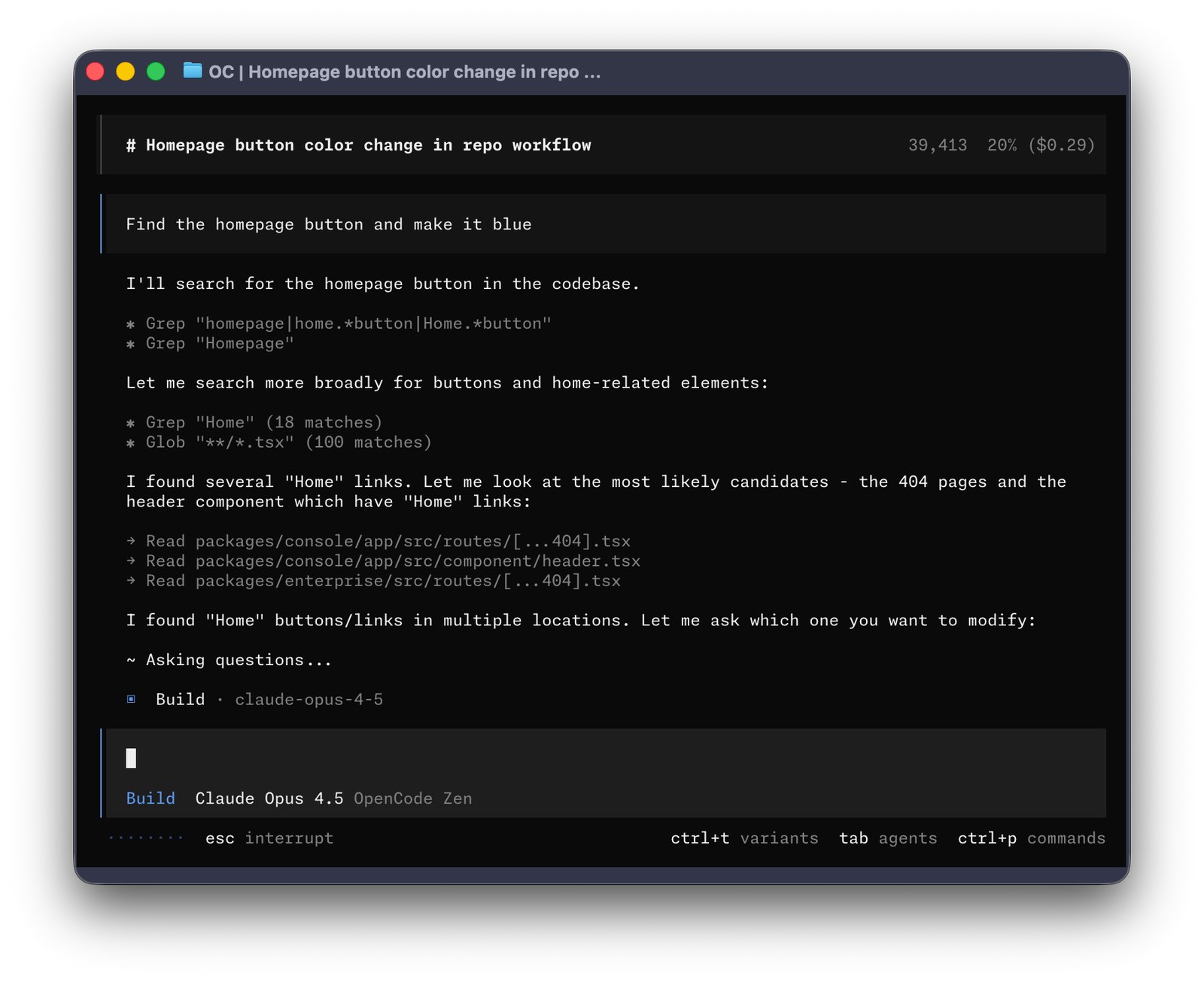 OpenCode terminal session showing a token count, context use and a $0.29 session cost next to the session title