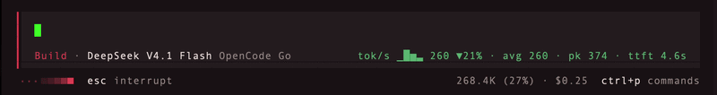 OpenCode Token Metrics plugin showing live tokens per second in the terminal
