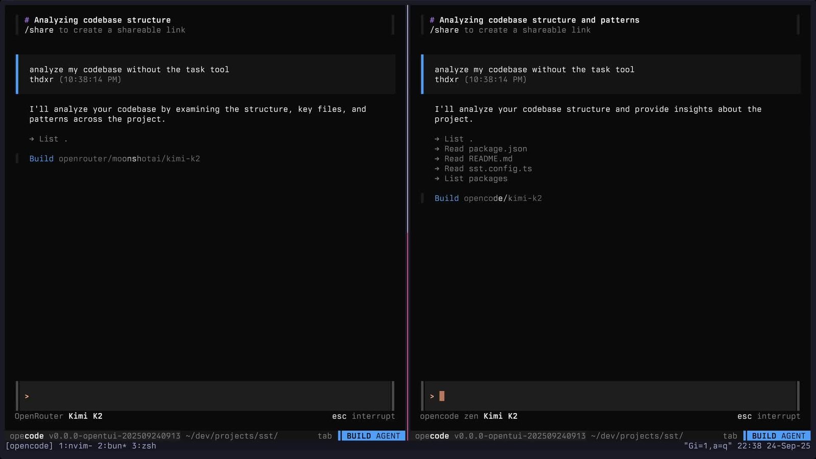 OpenCode terminal split view running Kimi K2 through OpenRouter on the left and OpenCode Zen on the right
