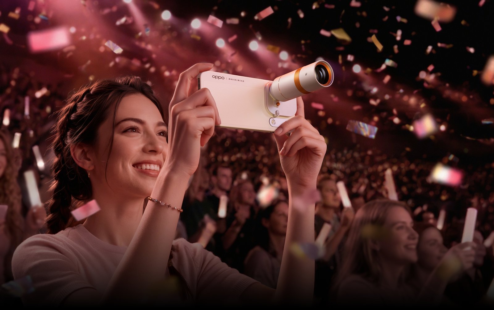 Woman at a concert filming with an OPPO Find X10 Pro Max fitted with the white and orange Hasselblad Teleconverter lens