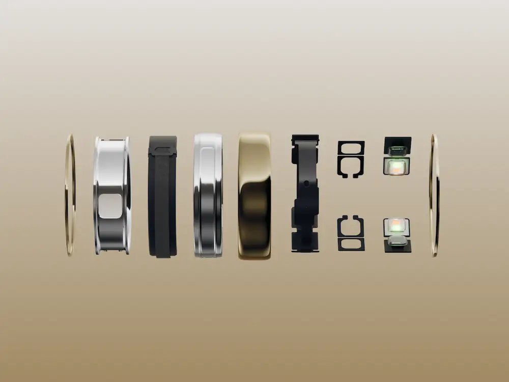 Exploded view of the Oura Ring 5 showing its titanium shell, battery, circuit board and sensors