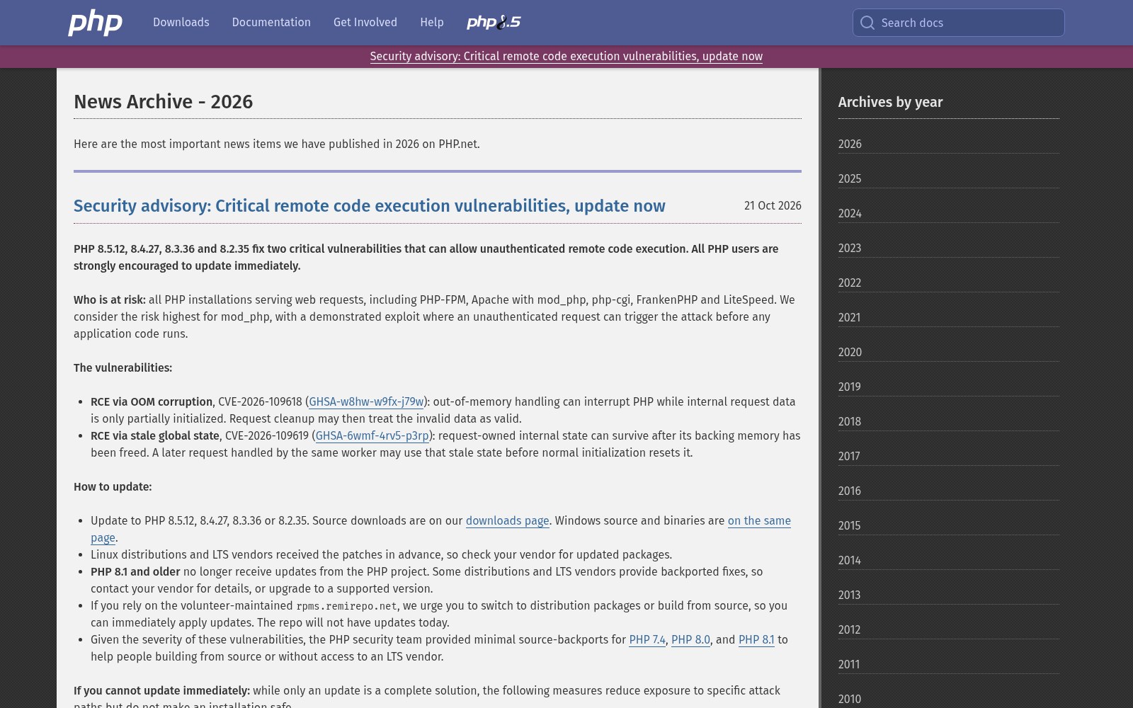 PHP.net security advisory dated 21 October 2026 titled Critical remote code execution vulnerabilities, update now, listing fixed versions and who is at risk