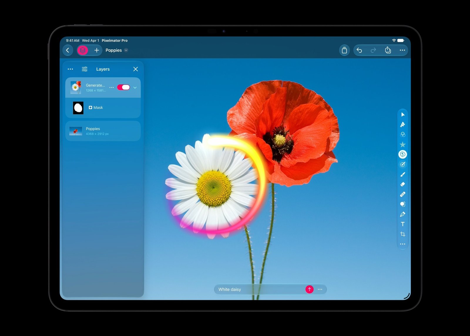 iPad showing Pixelmator Pro's Generate Fill tool adding flowers to an image