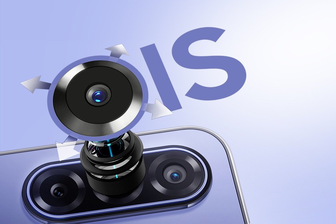 Galaxy F70 5G 50MP main camera lens lifted out of the camera module with arrows showing optical image stabilisation