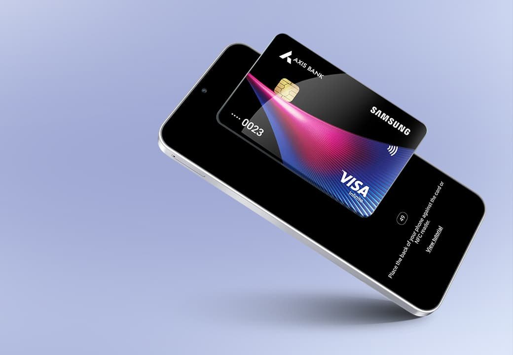 Galaxy F70 5G showing a payment card in Samsung Wallet for tap and pay