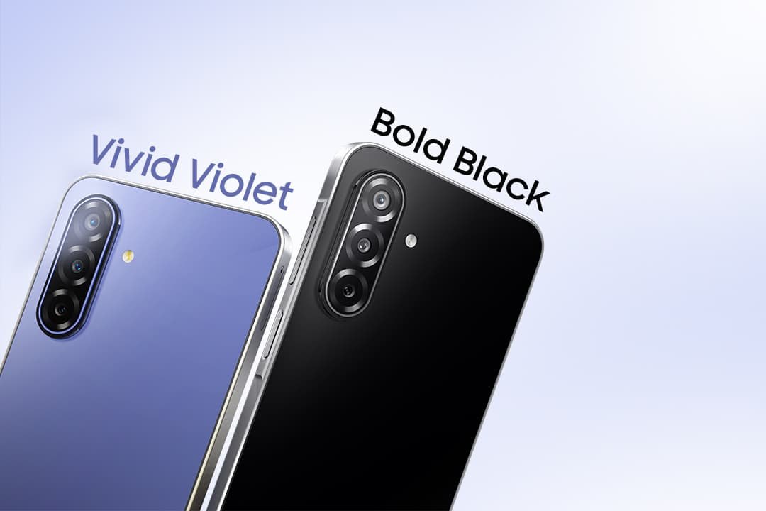 Samsung Galaxy F70 5G in Vivid Violet and Bold Black with rear camera modules