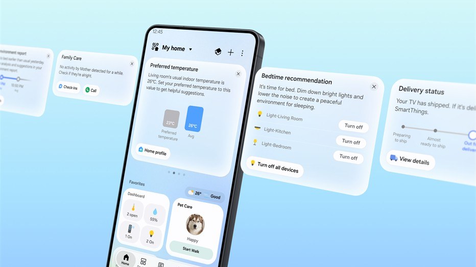 Redesigned SmartThings app Home tab with SmartThings Now cards on a phone