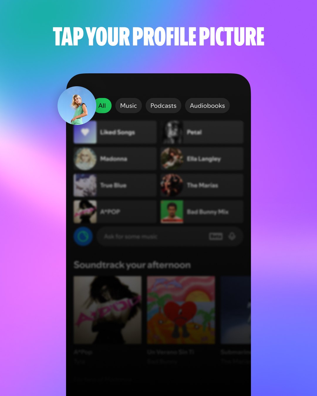 Spotify mobile app home screen with the profile picture in the top left corner highlighted