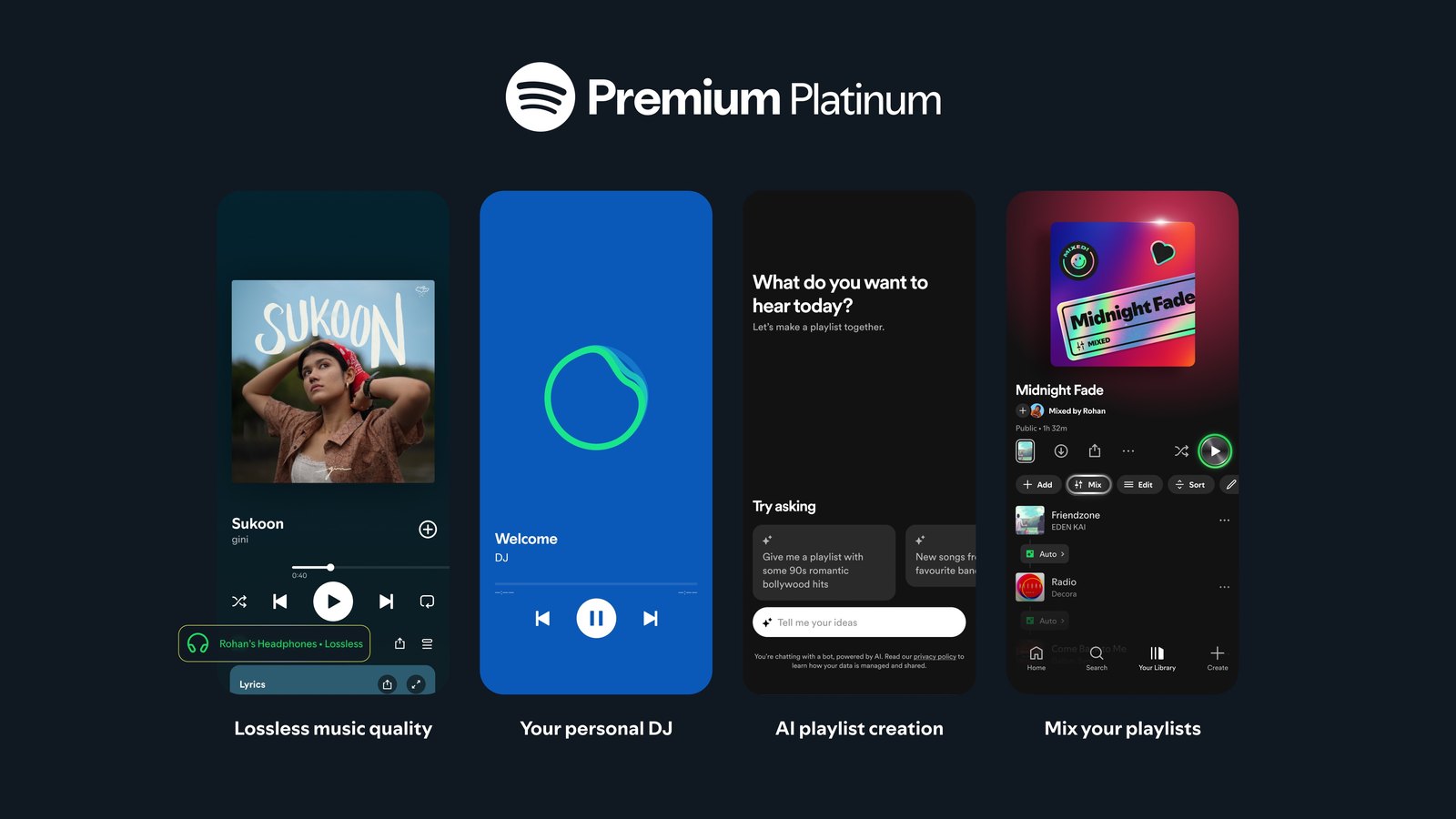 Spotify Premium Platinum India promo showing four phone screens for lossless audio, AI DJ, AI playlist creation and playlist mixing