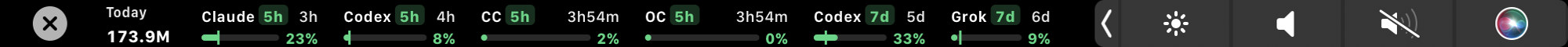 TokenBar Touch Bar chips showing AI quota usage and reset countdowns
